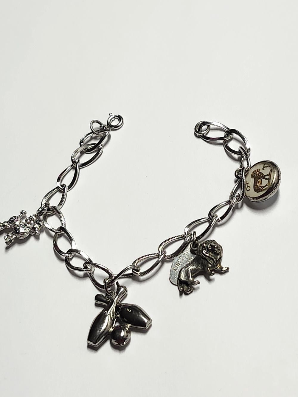 Charm Bracelet With 2 Sterling Silver Charms Poodle, Lion, Bowling Pins, Aries
